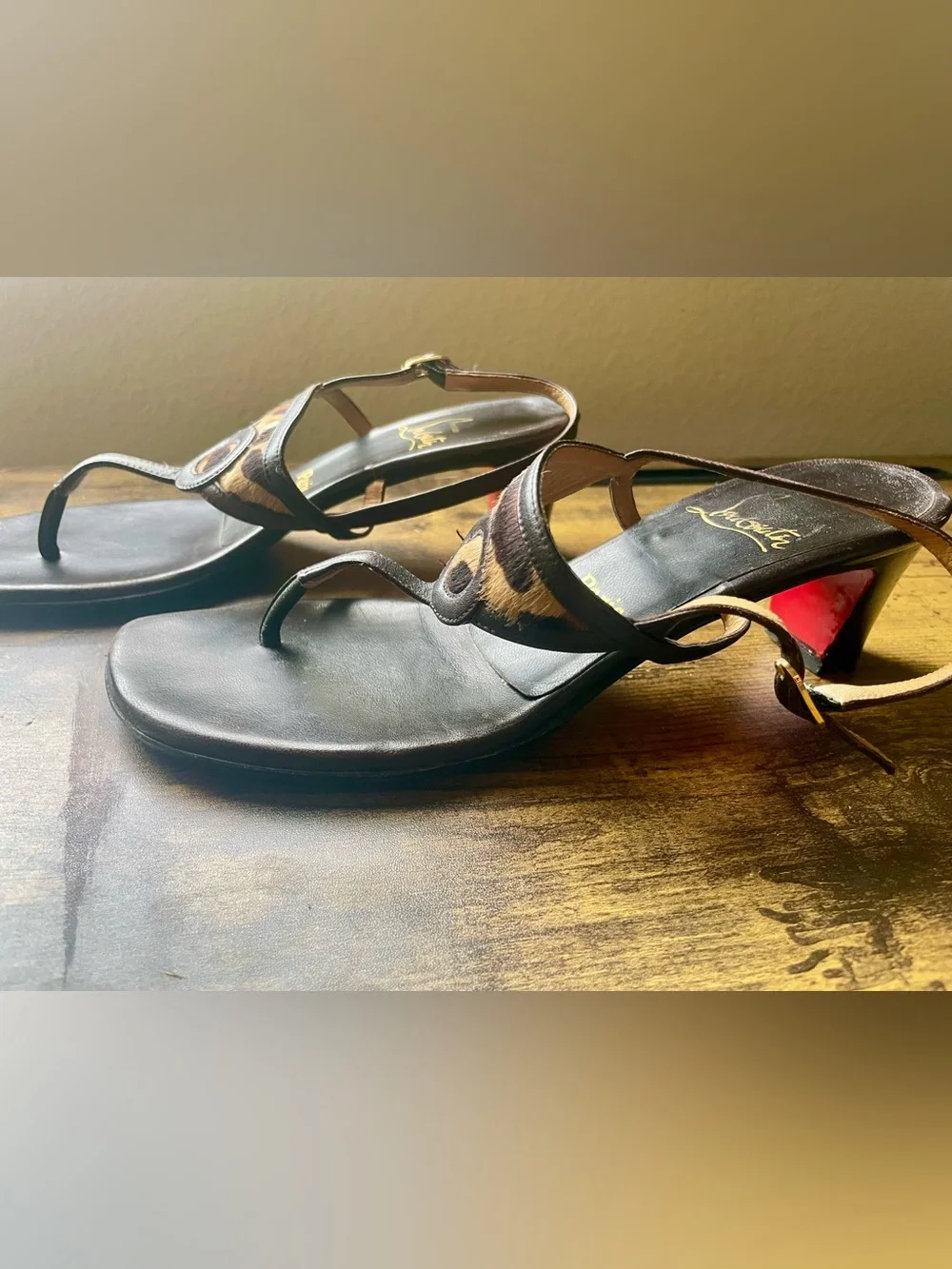 Vintage Christian Louboutin Brown Leather Thong Sandals with Leopard Accent